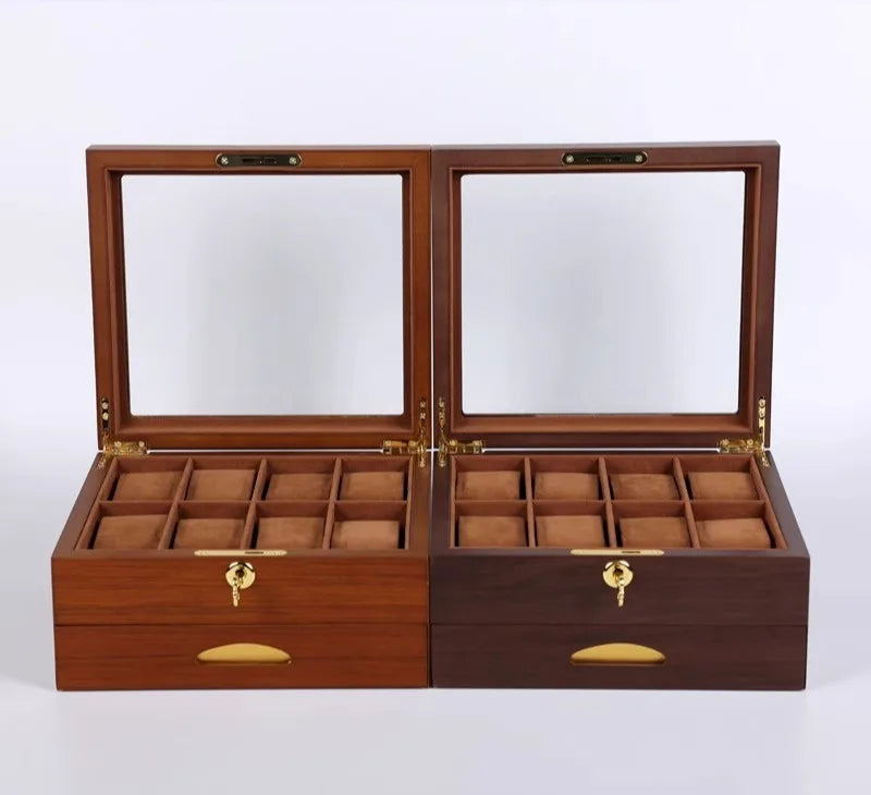 Wooden Watch Boxes Drawer Jewelry Watches Display Box Transparent Window Watches Storage Case with Lock Jewellery Organizer