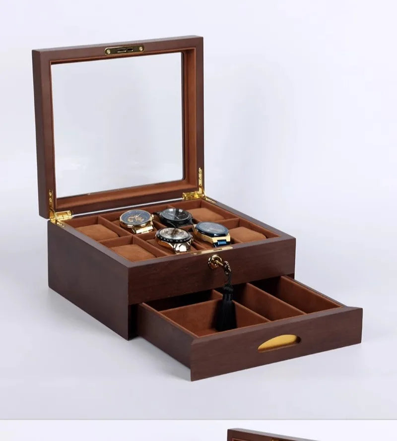 Wooden Watch Boxes Drawer Jewelry Watches Display Box Transparent Window Watches Storage Case with Lock Jewellery Organizer