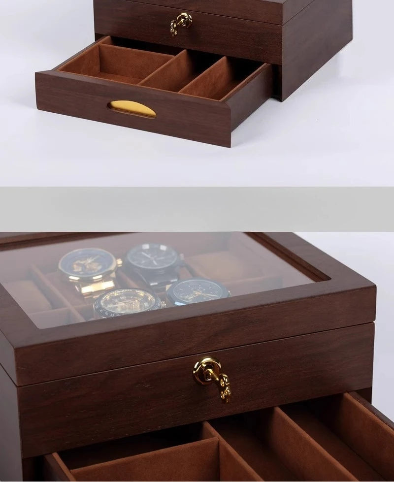 Wooden Watch Boxes Drawer Jewelry Watches Display Box Transparent Window Watches Storage Case with Lock Jewellery Organizer