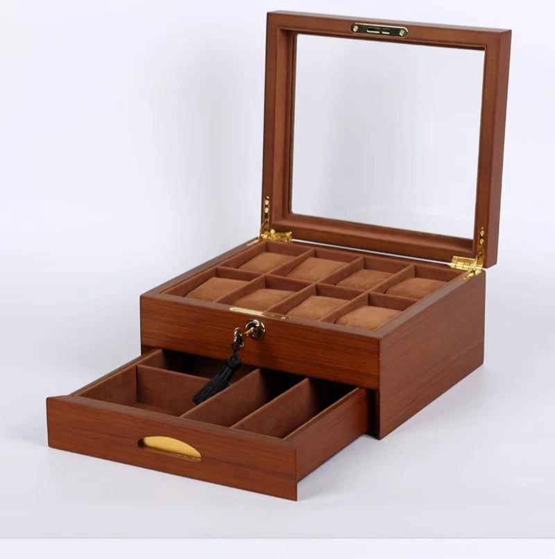 Wooden Watch Boxes Drawer Jewelry Watches Display Box Transparent Window Watches Storage Case with Lock Jewellery Organizer