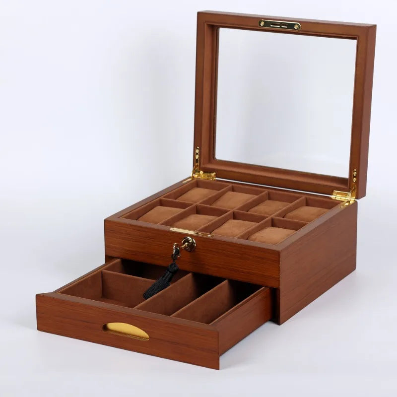 Wooden Watch Boxes Drawer Jewelry Watches Display Box Transparent Window Watches Storage Case with Lock Jewellery Organizer