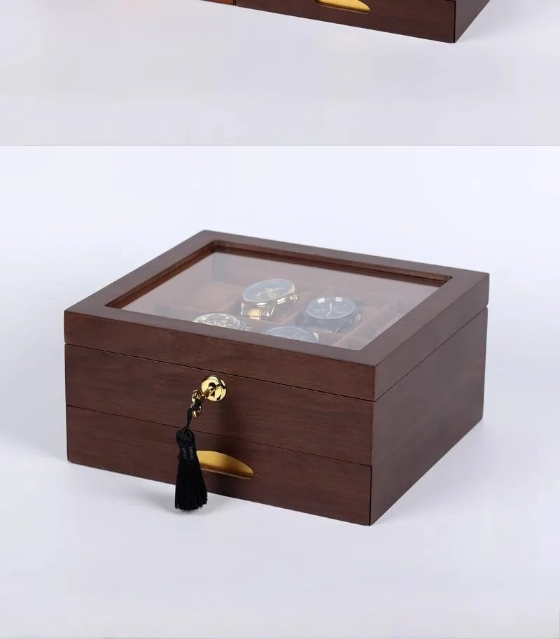Wooden Watch Boxes Drawer Jewelry Watches Display Box Transparent Window Watches Storage Case with Lock Jewellery Organizer