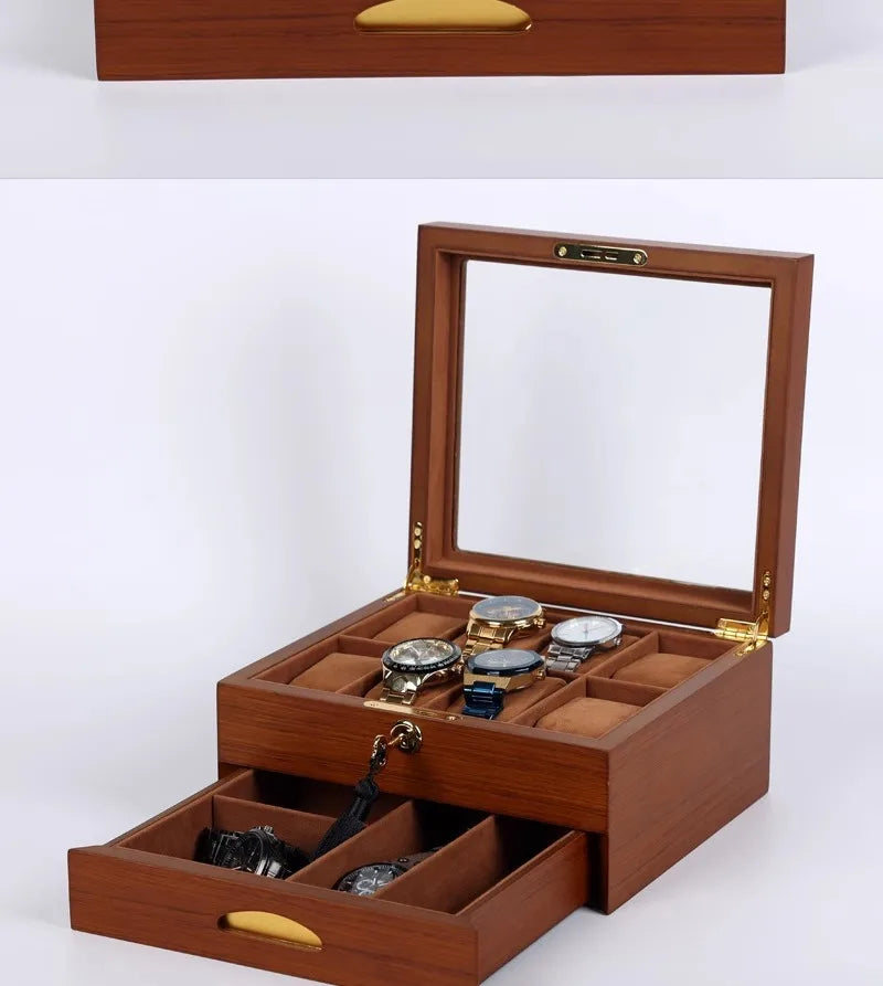 Wooden Watch Boxes Drawer Jewelry Watches Display Box Transparent Window Watches Storage Case with Lock Jewellery Organizer