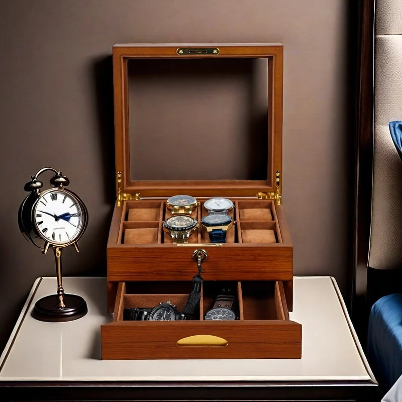 Wooden Watch Boxes Drawer Jewelry Watches Display Box Transparent Window Watches Storage Case with Lock Jewellery Organizer