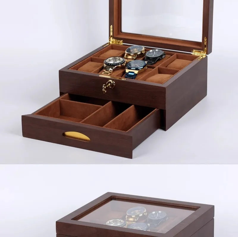 Wooden Watch Boxes Drawer Jewelry Watches Display Box Transparent Window Watches Storage Case with Lock Jewellery Organizer