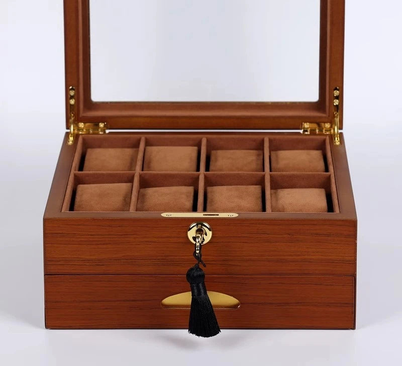 Wooden Watch Boxes Drawer Jewelry Watches Display Box Transparent Window Watches Storage Case with Lock Jewellery Organizer
