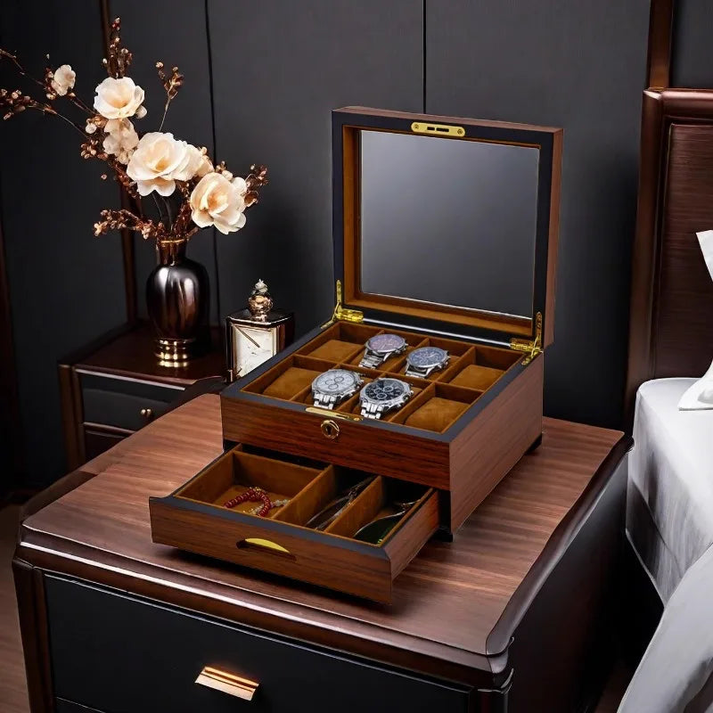 Wooden Watch Boxes Drawer Jewelry Watches Display Box Transparent Window Watches Storage Case with Lock Jewellery Organizer