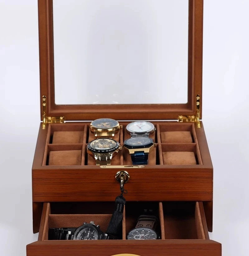 Wooden Watch Boxes Drawer Jewelry Watches Display Box Transparent Window Watches Storage Case with Lock Jewellery Organizer