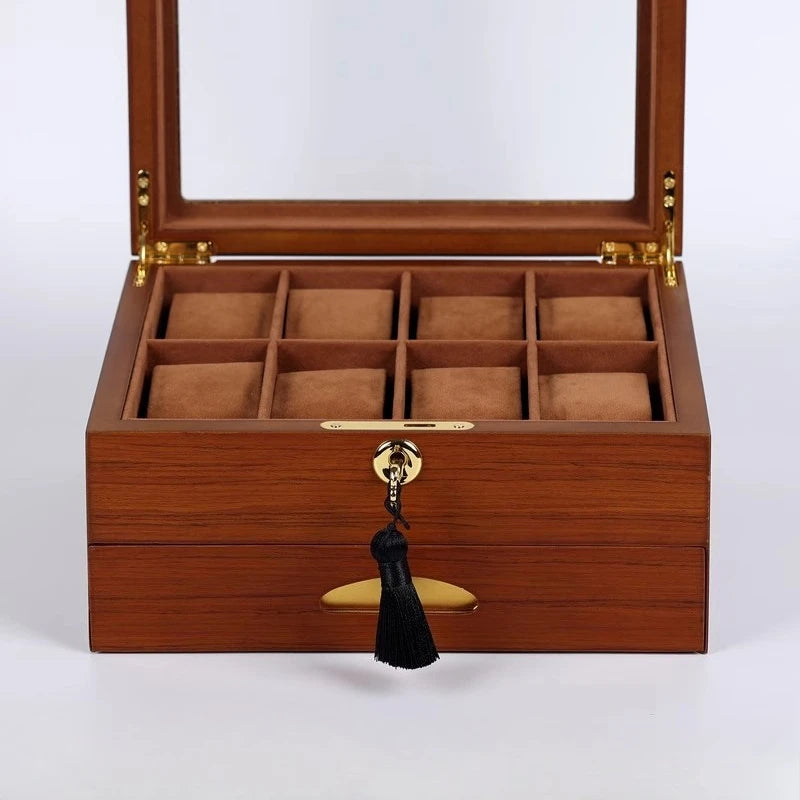 Wooden Watch Boxes Drawer Jewelry Watches Display Box Transparent Window Watches Storage Case with Lock Jewellery Organizer