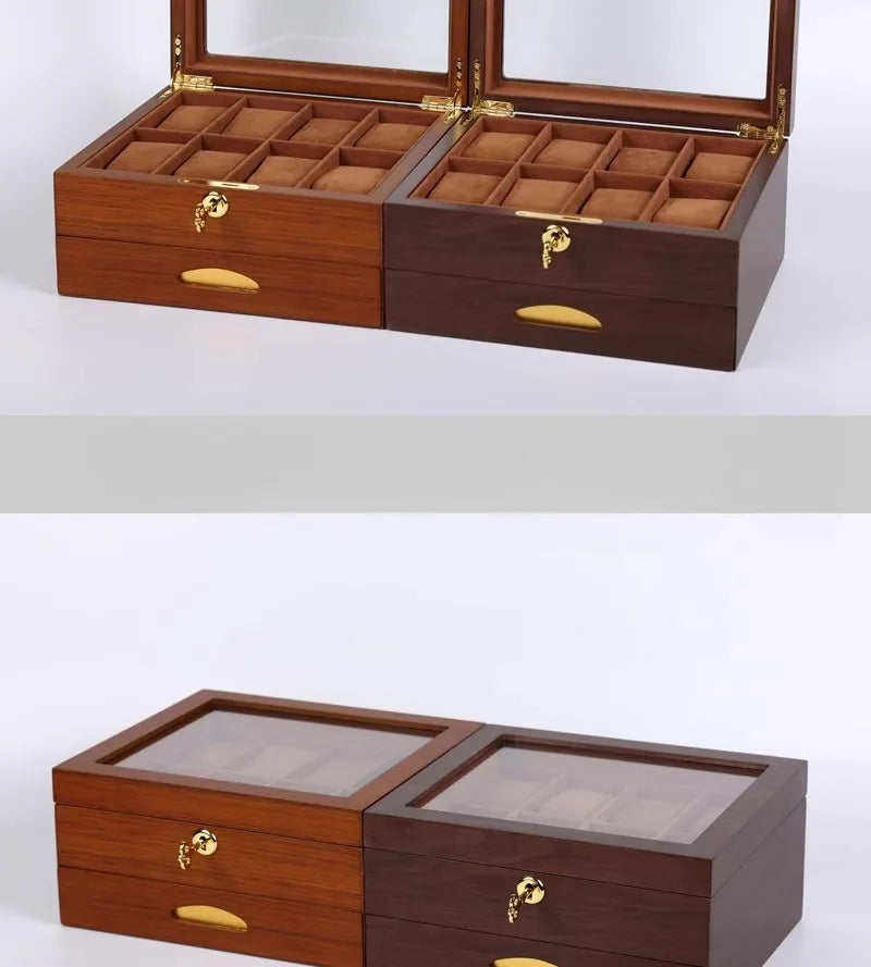 Wooden Watch Boxes Drawer Jewelry Watches Display Box Transparent Window Watches Storage Case with Lock Jewellery Organizer