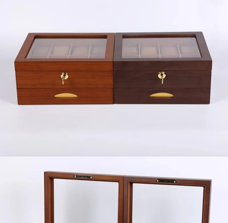 Wooden Watch Boxes Drawer Jewelry Watches Display Box Transparent Window Watches Storage Case with Lock Jewellery Organizer