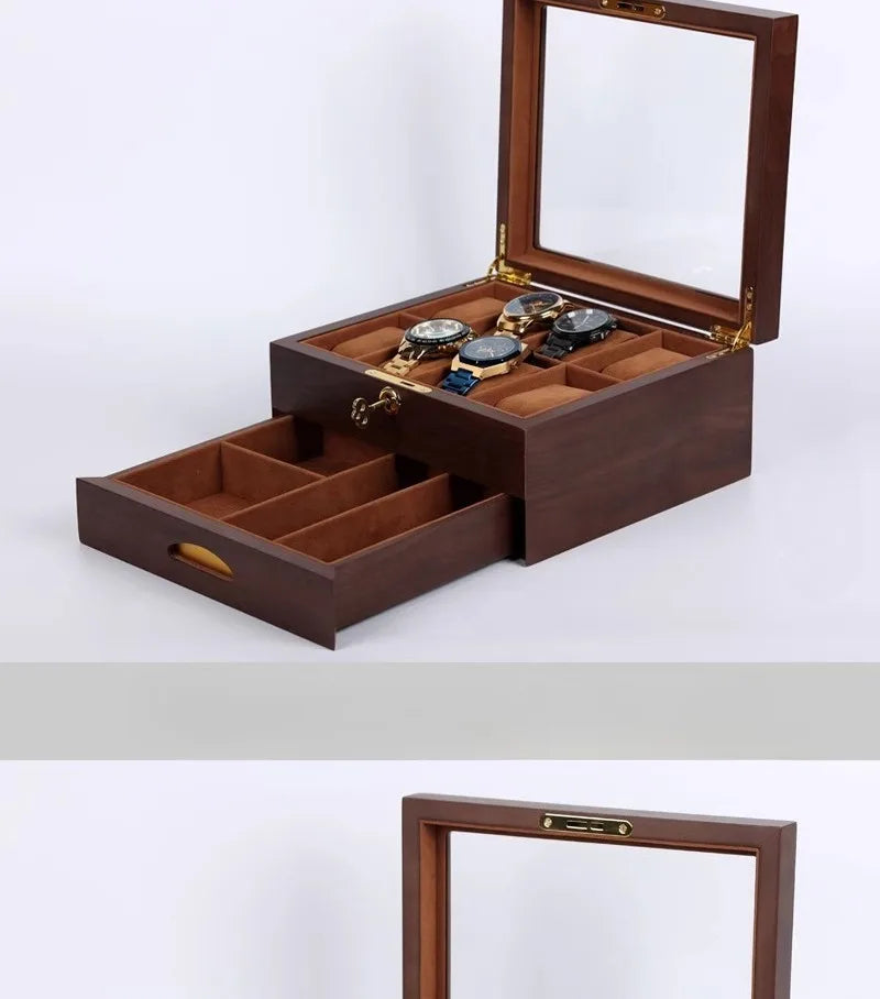 Wooden Watch Boxes Drawer Jewelry Watches Display Box Transparent Window Watches Storage Case with Lock Jewellery Organizer