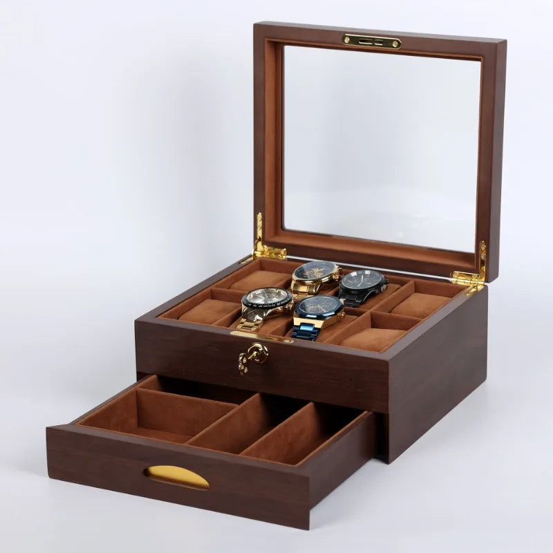 Wooden Watch Boxes Drawer Jewelry Watches Display Box Transparent Window Watches Storage Case with Lock Jewellery Organizer
